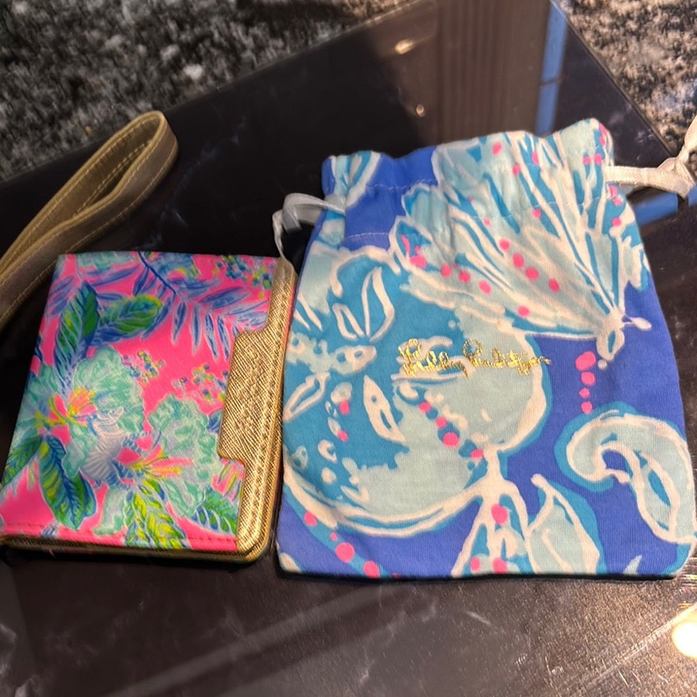 Lilly Pulitzer Pink Floral Wallet and Blue Drawstring Bag